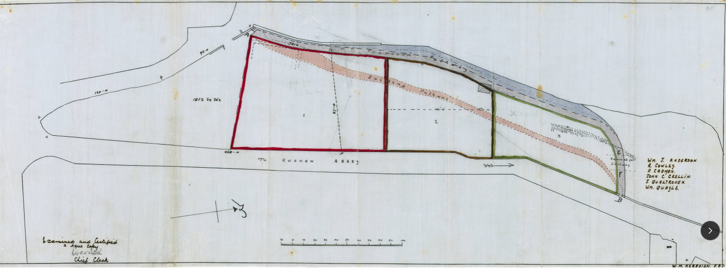 The 1904 footpath plan showing three plots and the diverted right-of-way along the northern boundary.