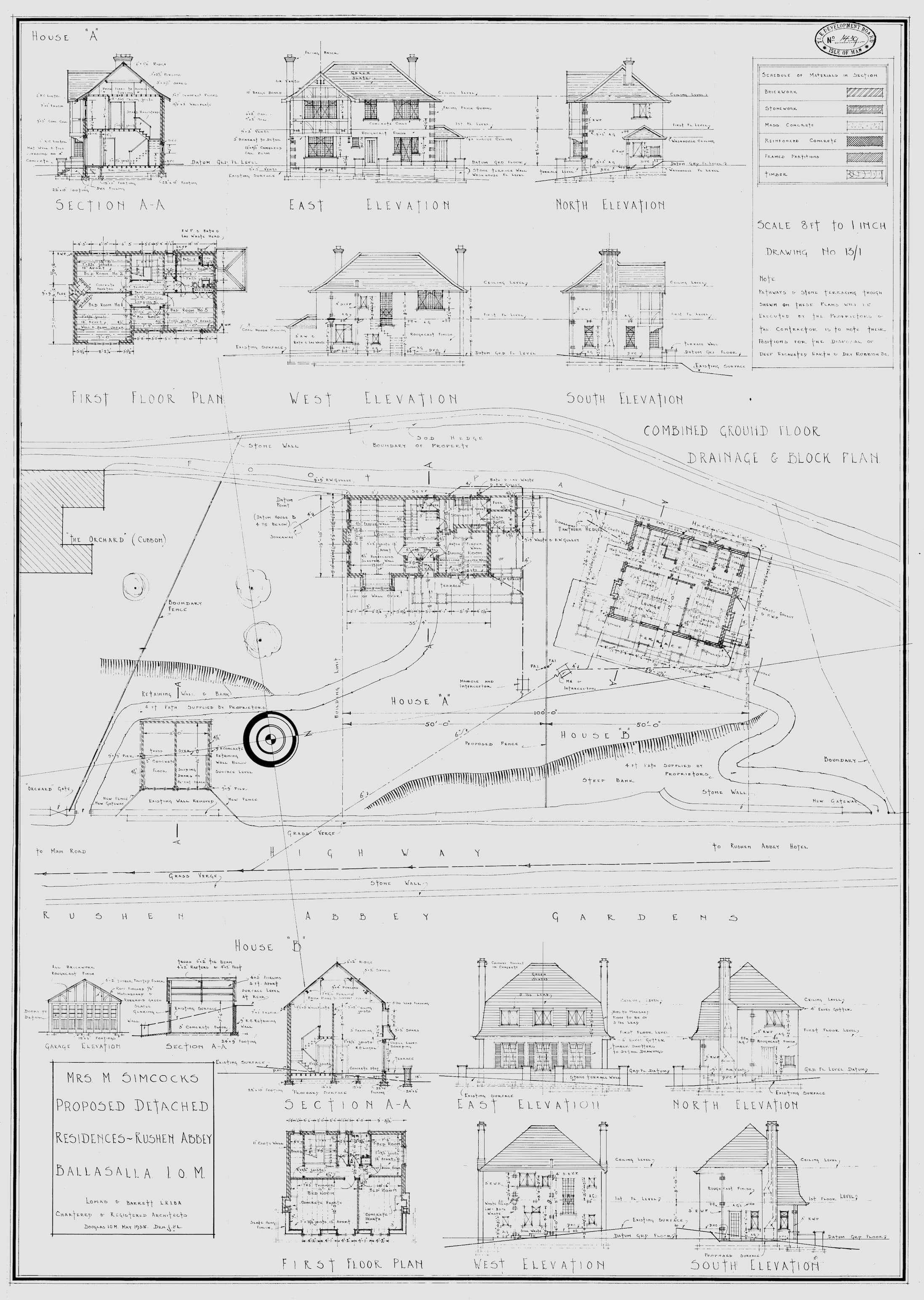 PA-1439 architectural plans, May 1938: elevations and ground-floor plans of House A (The Beeches) and House B (Always), with The Orchard sketched to the west.