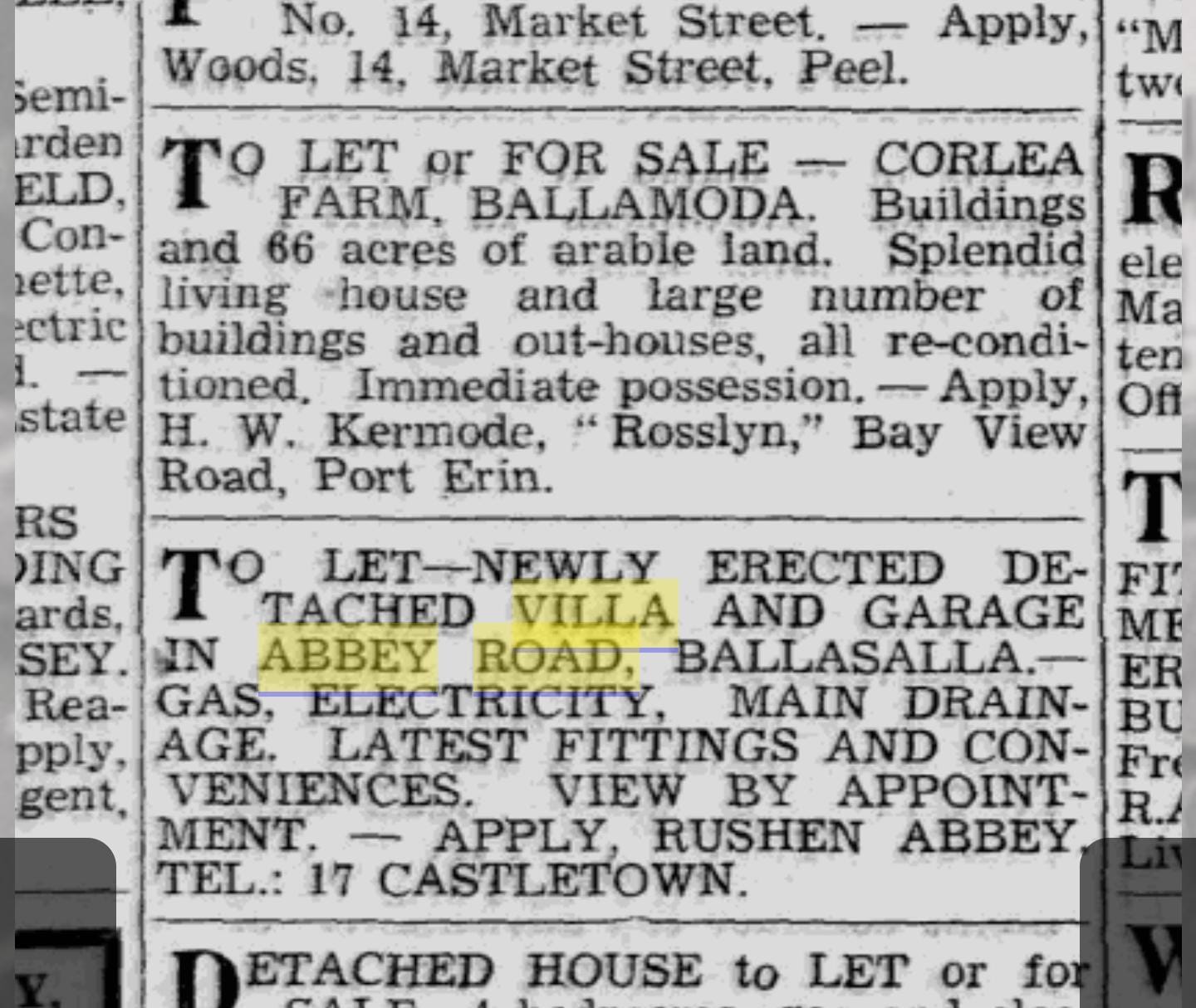 The February 1938 'To Let' newspaper advertisement for the newly erected villa at Abbey Road, Ballasalla.