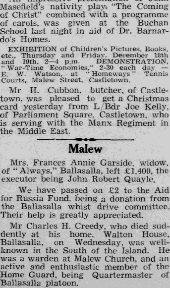 Obituary notice for Mrs Frances Annie Garside, Isle of Man Examiner, 12 December 1941.