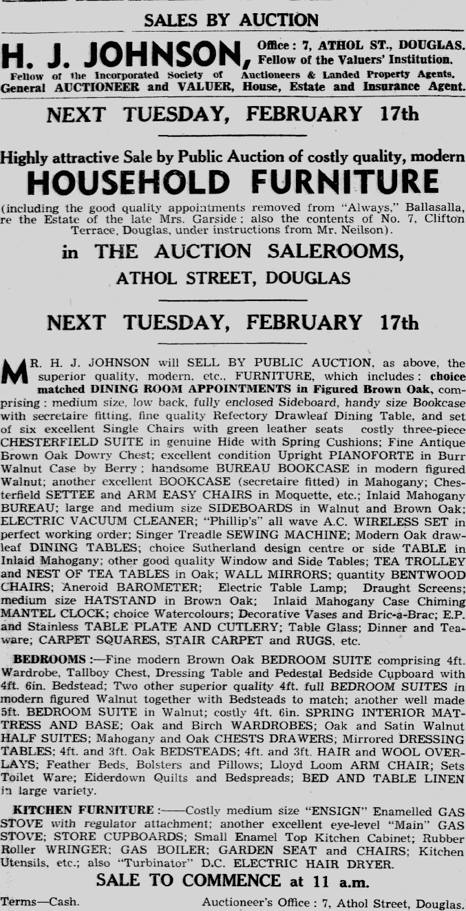 Auction notice for the estate sale of Mrs Garside's furniture from Always, Ballasalla, February 1942.