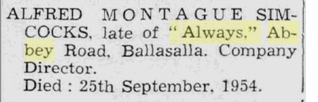 Second clipping of the Simcocks obituary, 1954.