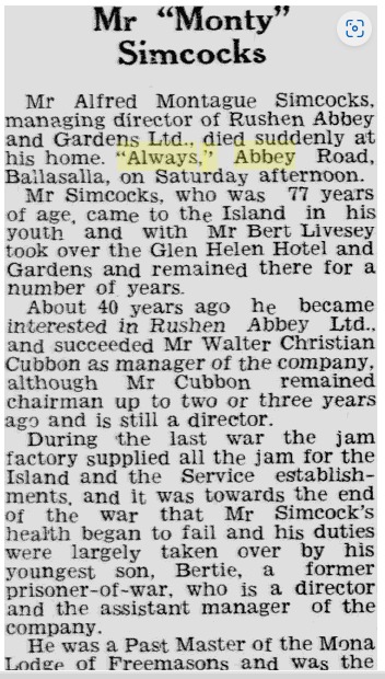 Obituary for Alfred Montague Simcocks, Manx press, September 1954.