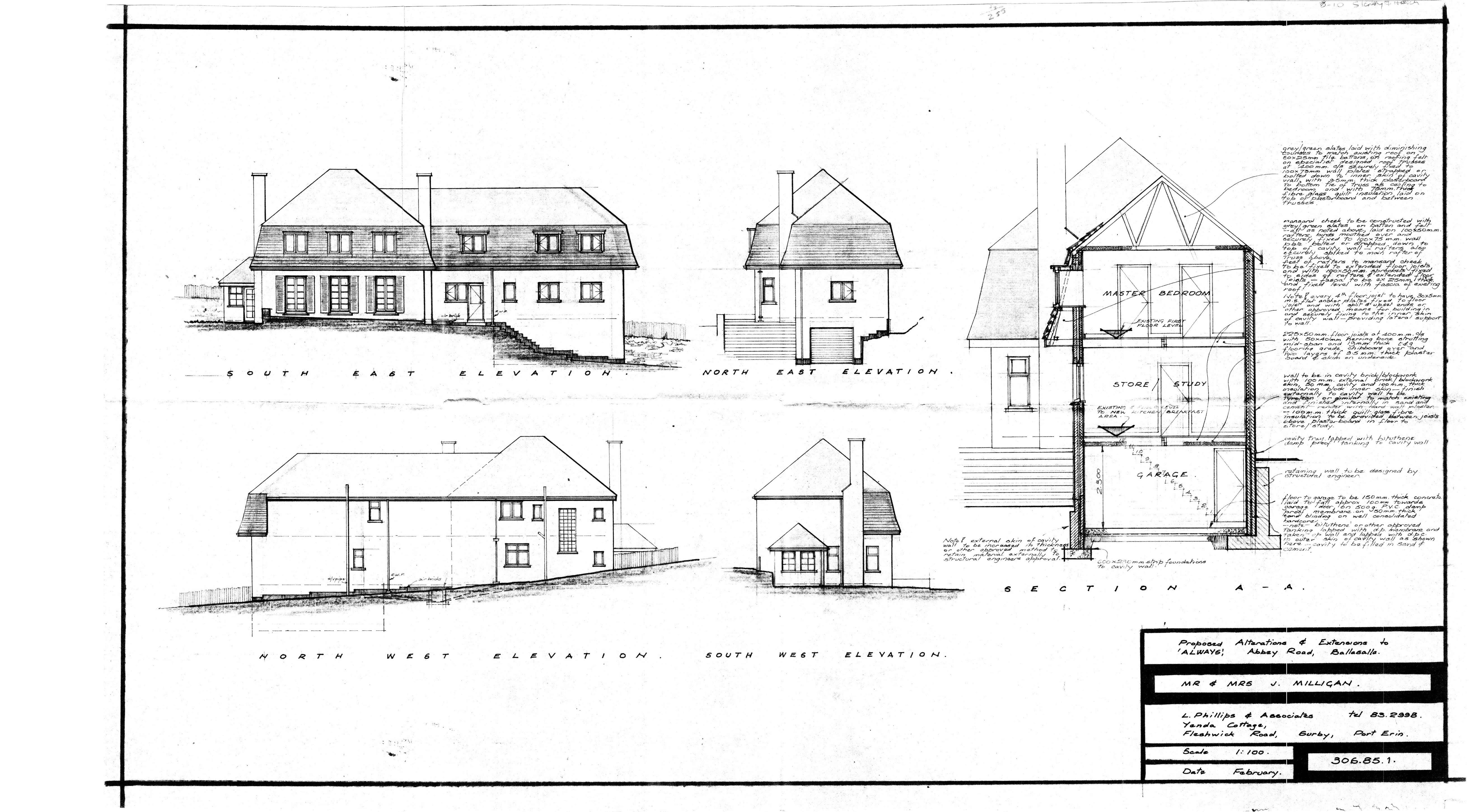 PA 85/216 elevation drawings by L. Phillips & Associates, approved March 1985 — the planned extension to Always, Ballasalla.